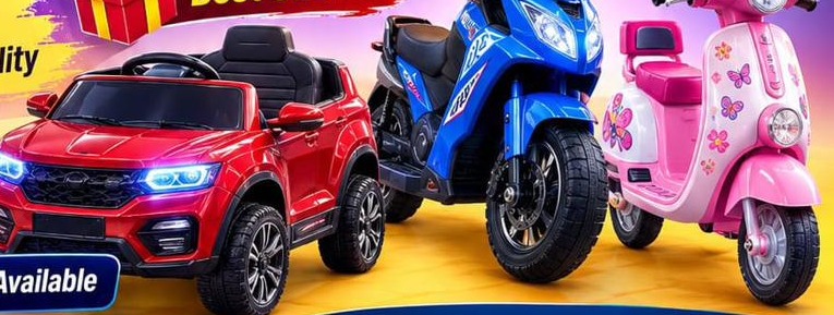 Lineup of kids battery car, bike and scooty ride-on toys